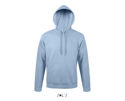 Sweatshirt com capuz azul claro, bolso canguru e cordões no capuz