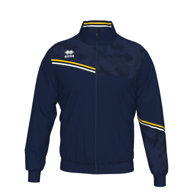 Casaco desportivo azul-escuro com linhas amarelas e brancas e logotipo ERREA