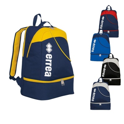 Mochilas da marca Errea em várias cores, com compartimento inferior separado e alças ajustáveis