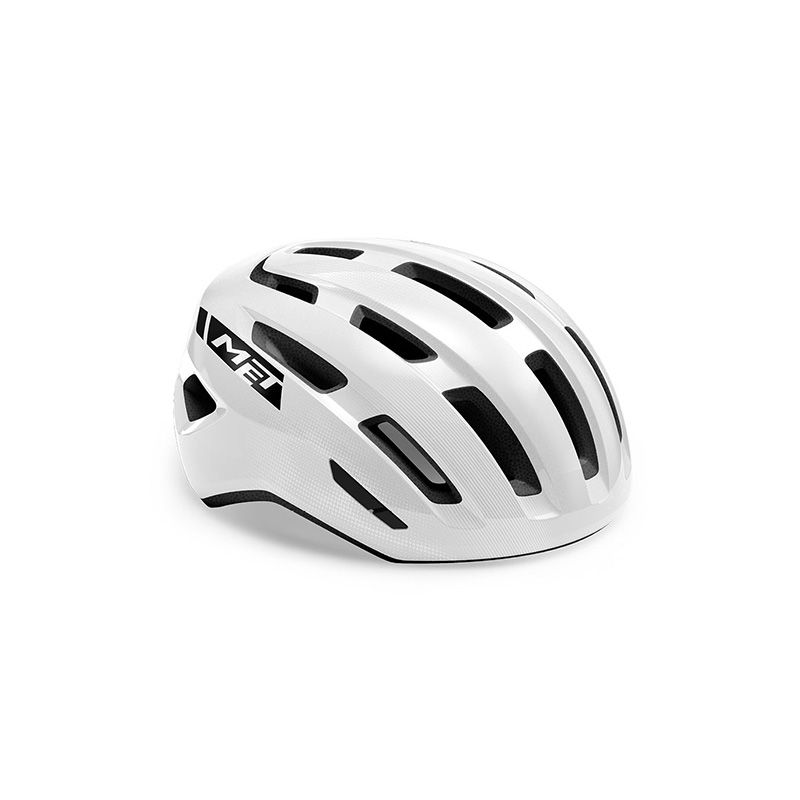 Capacete branco para ciclismo com aberturas de ventilação e logo MET preto.