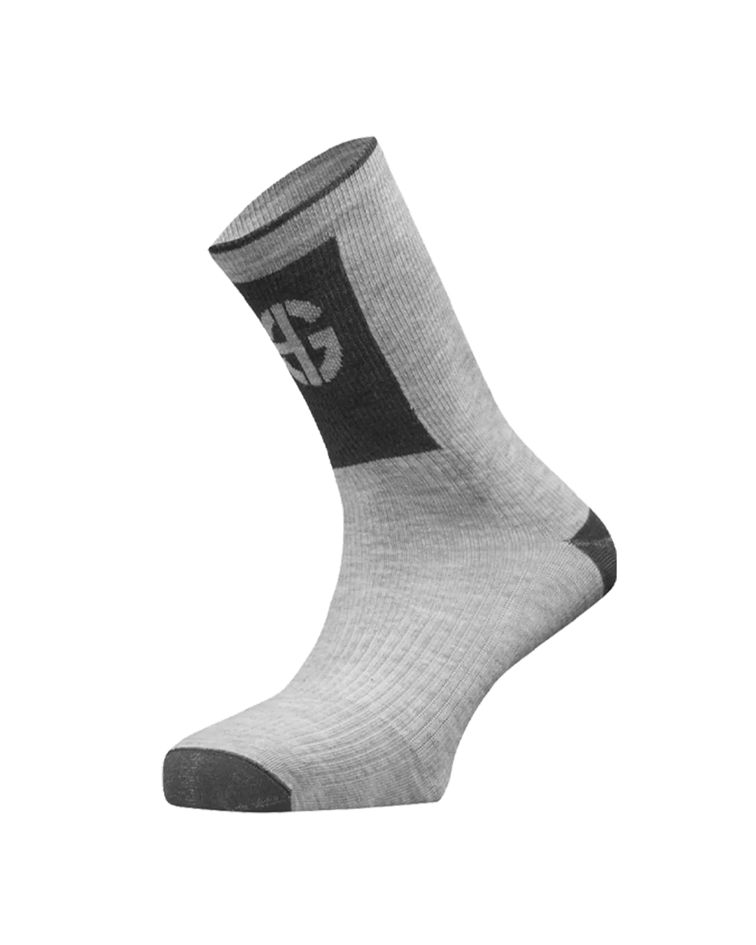 Meia desportiva cinza com padrão SG cinza claro em fundo cinza escuro