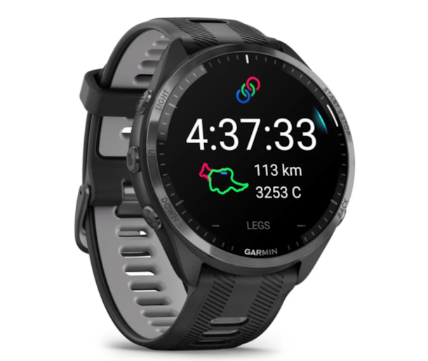 Relógio inteligente Garmin com mostrador digital e bracelete preta e cinzenta