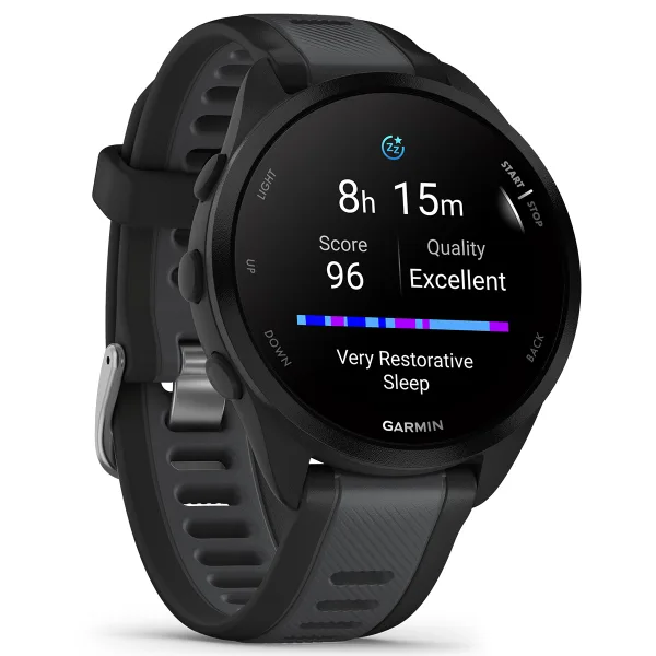 Relógio inteligente Garmin preto a mostrar dados de sono no ecrã