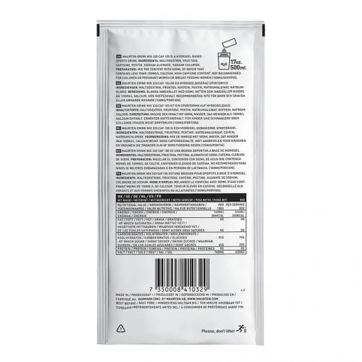 Pacote branco com texto informativo, código de barras e símbolo de reciclagem