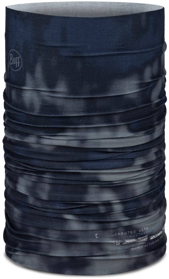Cachecol tubular azul e cinza com padrão tie-dye e logo Buff