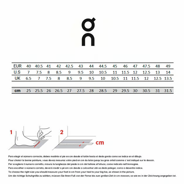 Tabela de tamanhos de calçado com instruções multilingues para medição do pé