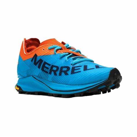 Ténis Merrell azul com detalhes laranja e sola preta