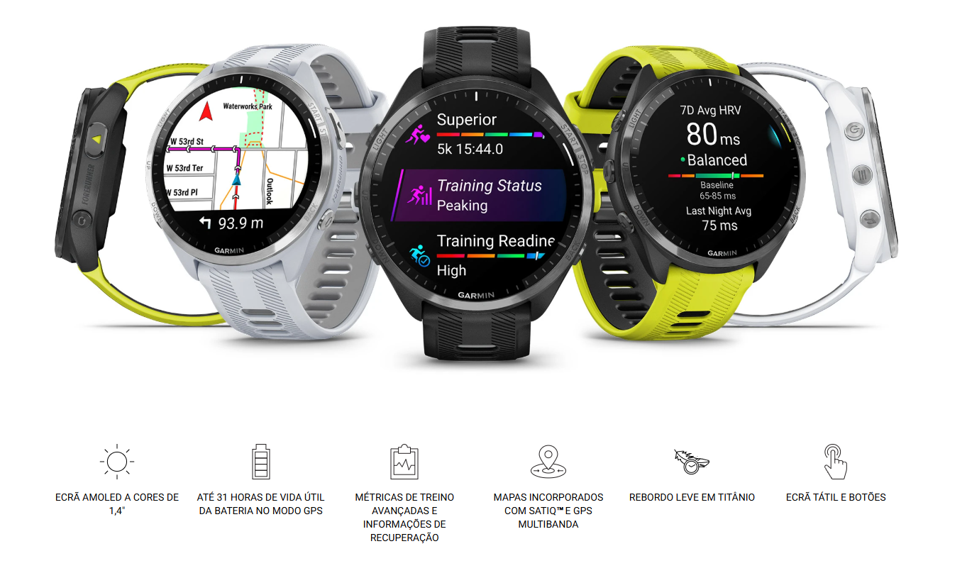 Relógios inteligentes Garmin de várias cores mostrando funções de treino e mapas no ecrã