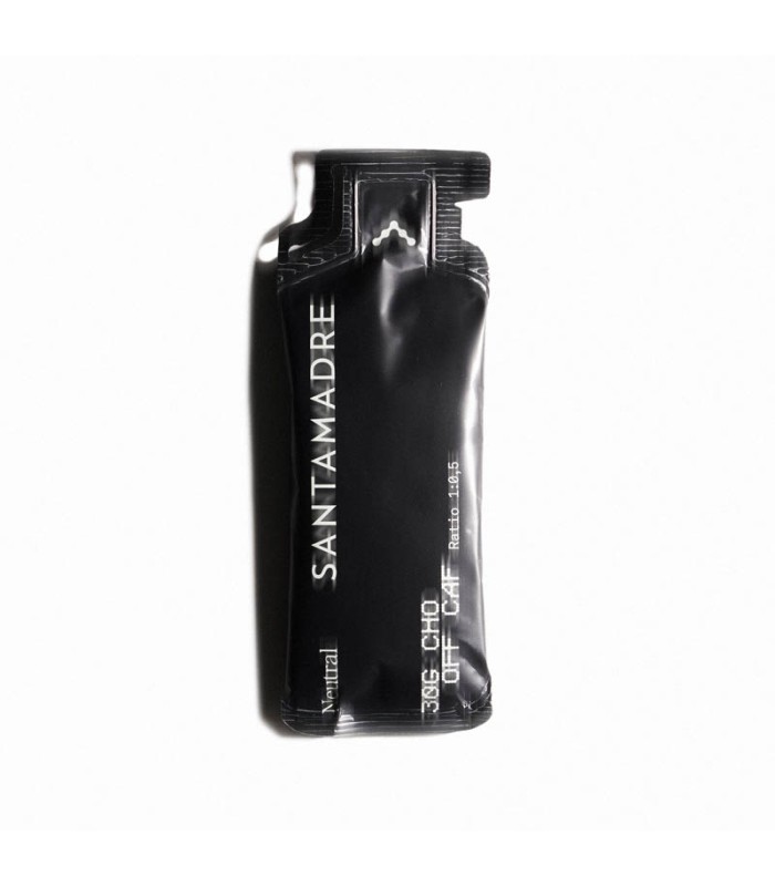 Sachê preto com texto branco Santamadre sobre fundo branco.