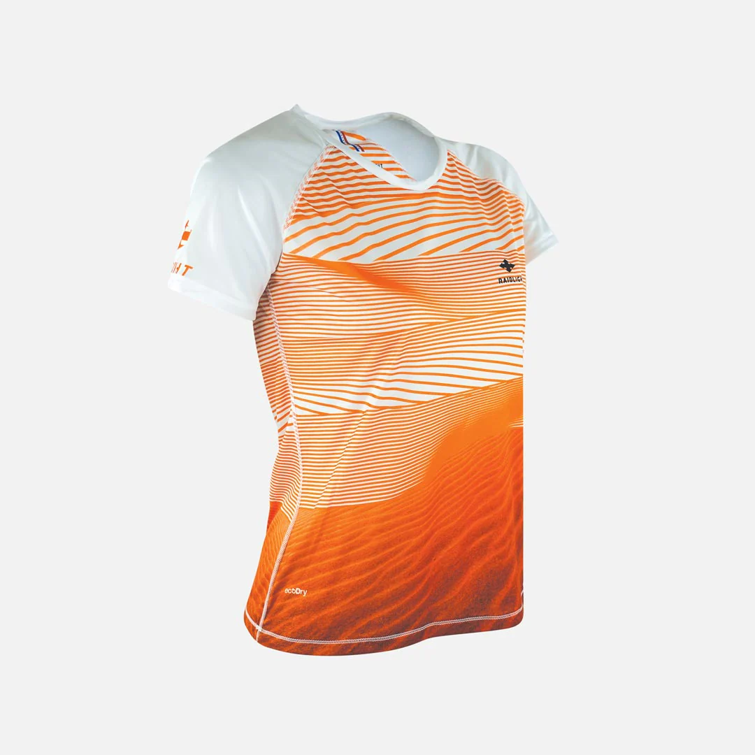 Camisola desportiva branca e laranja com padrões ondulados
