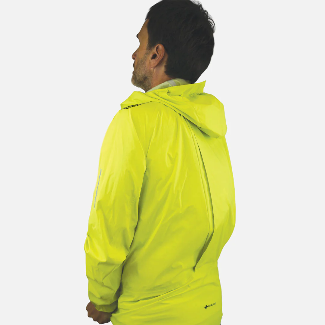 Casaco impermeável amarelo fluorescente com capuz, refletor nas mangas