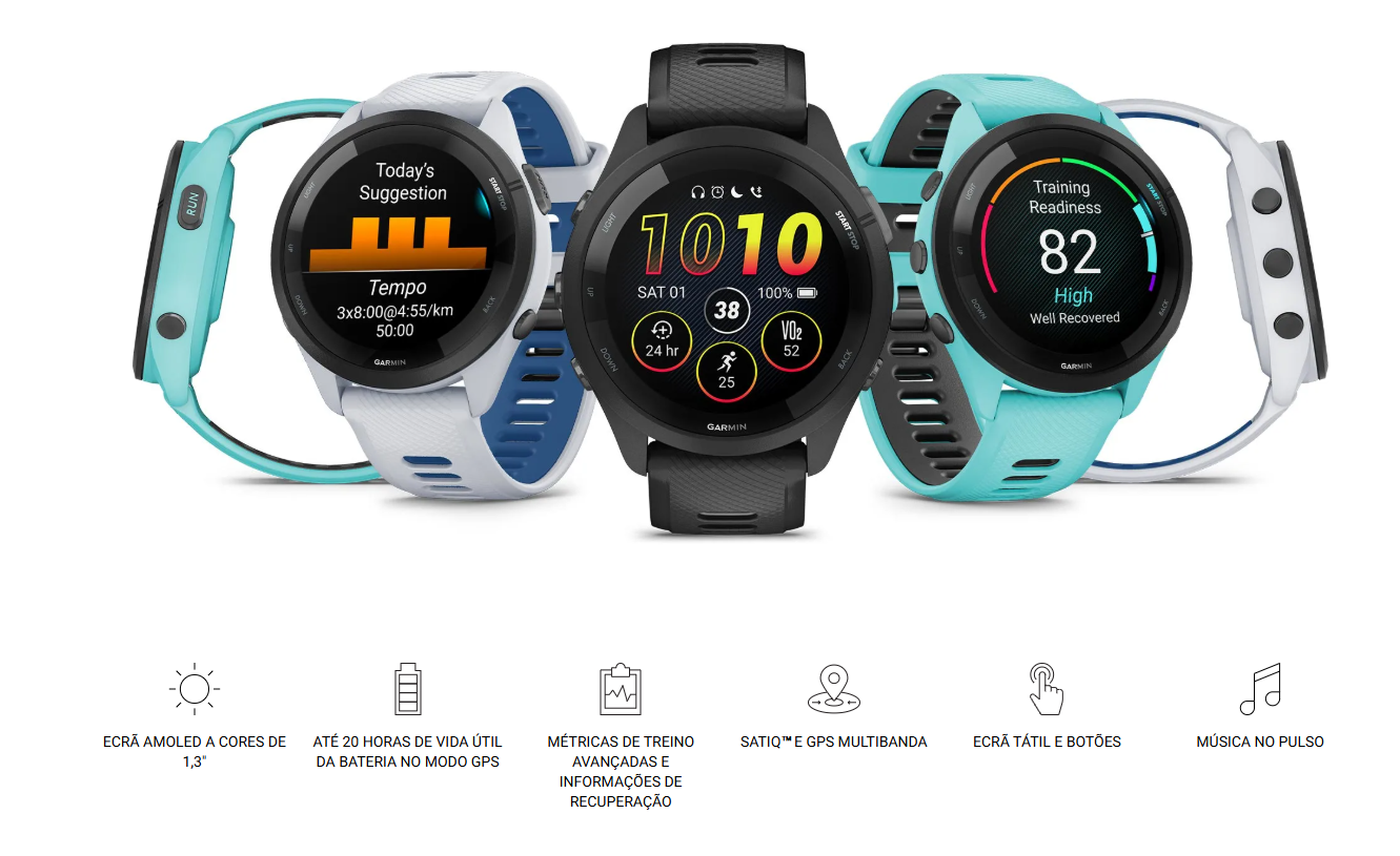 Relógios Garmin inteligentes coloridos com ecrã digital e bandas de silicone