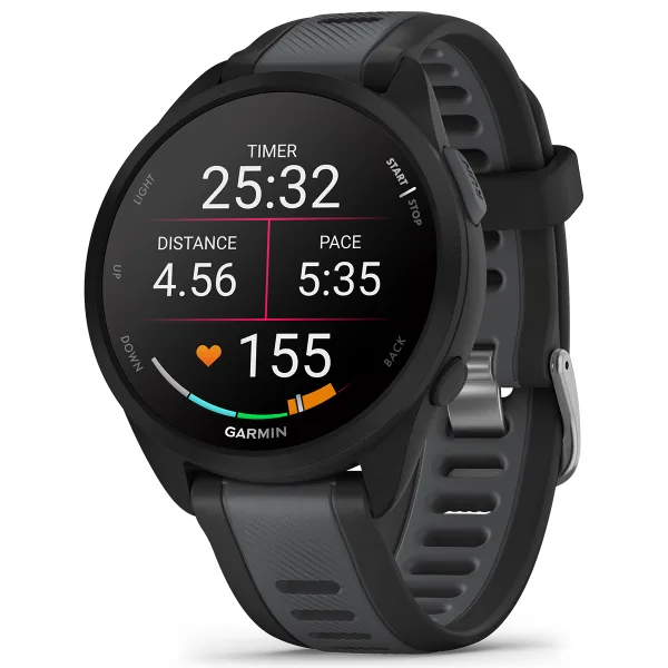 Relógio desportivo Garmin com ecrã digital e bracelete em silicone preta e cinza