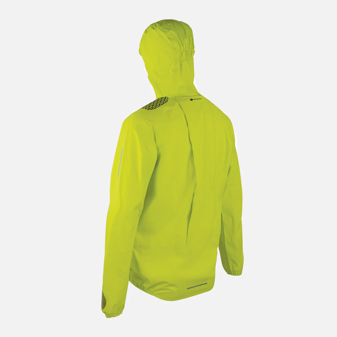 Casaco amarelo fluorescente com capuz e detalhes refletivos