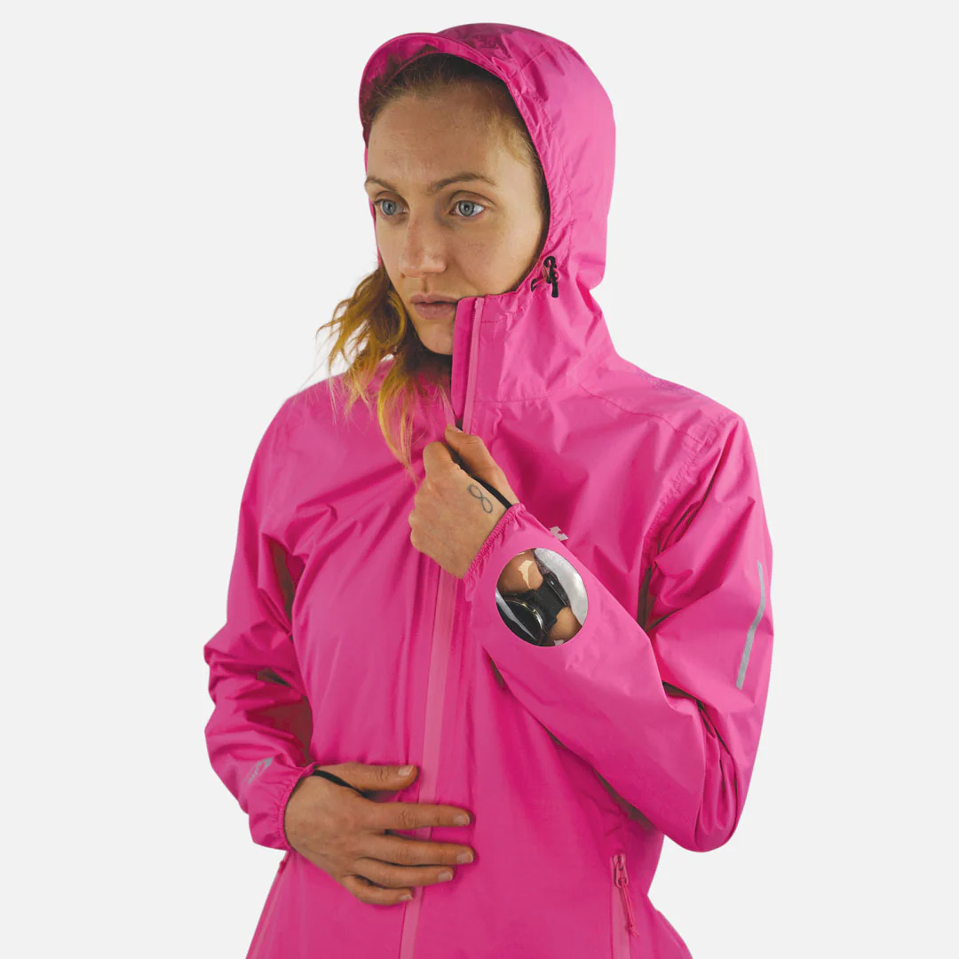 Casaco impermeável feminino rosa com capuz e fecho de correr frontal