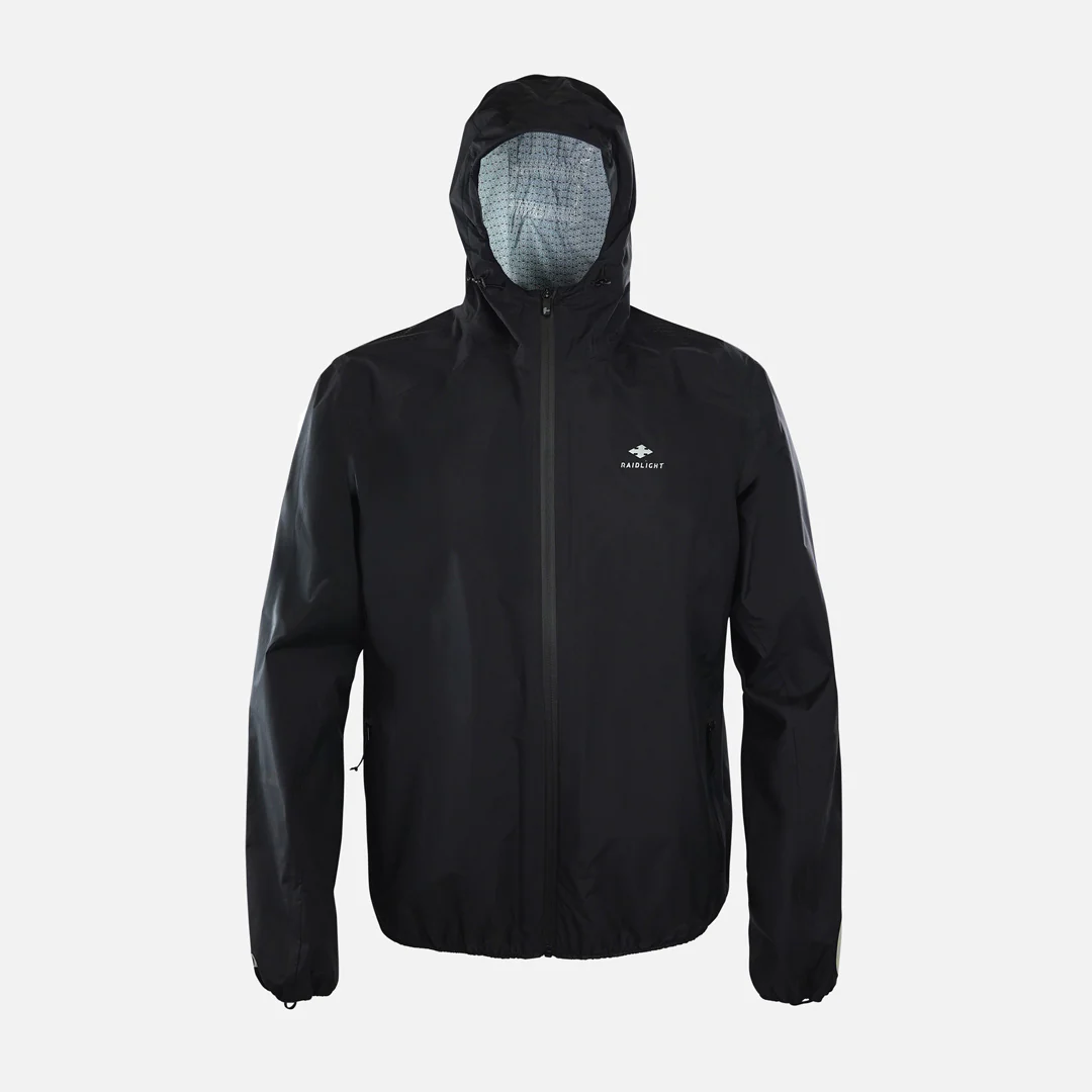 Casaco impermeável preto com capuz e logo RAIDLIGHT