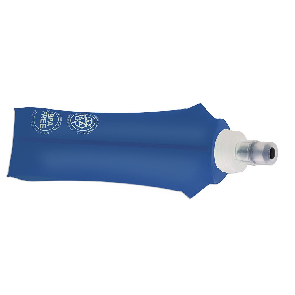 Saco azul para água com bocal prateado e texto BPA FREE