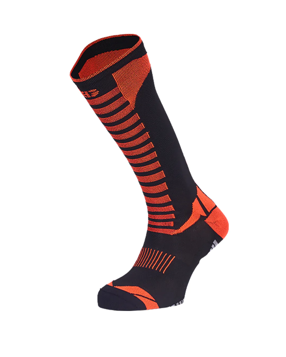 Meia desportiva preta e laranja com padrões geométricos