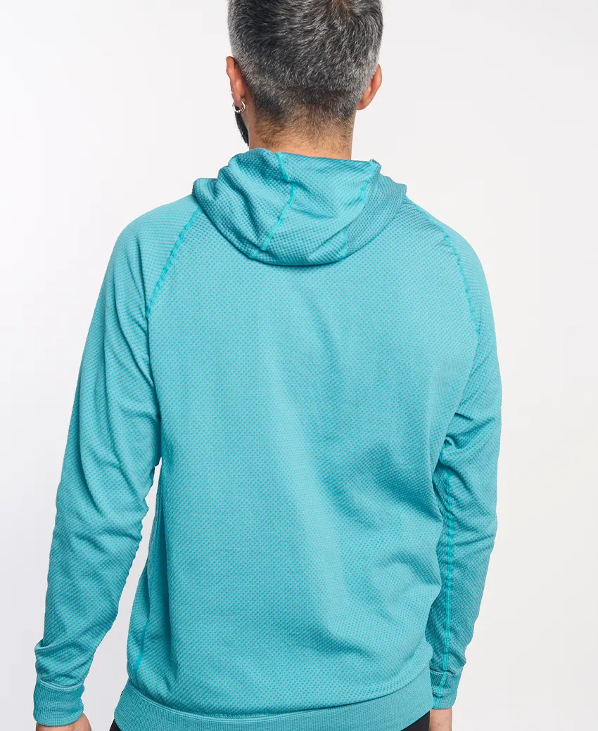 Sweatshirt azul turquesa com capuz visto de costas