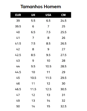 Tabela de tamanhos de calçado para homem com colunas para EUR, UK, USA e CM