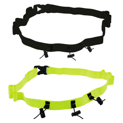 Dois cintos de corrida ajustáveis, preto e amarelo fluorescente, com suportes de plástico.