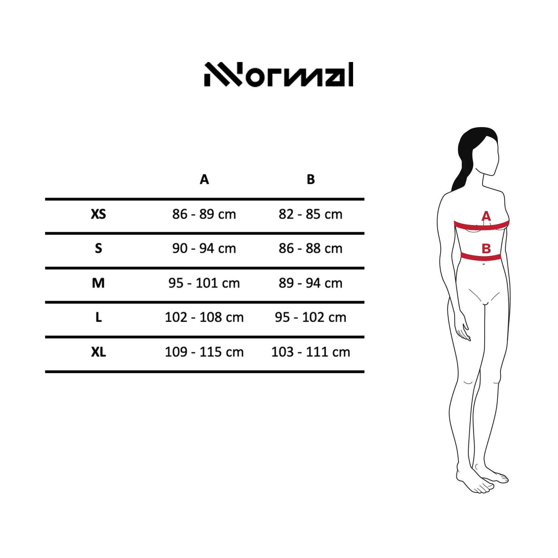Tabela de tamanhos feminino Normal com medidas em cm e ilustração das zonas A e B no corpo