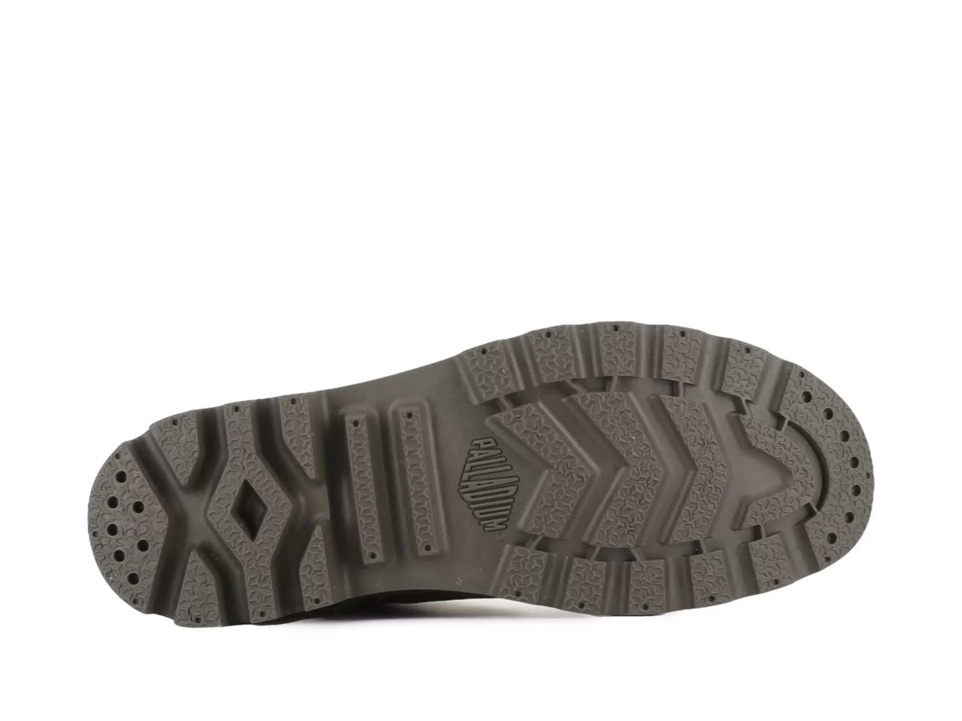 Sola de sapato em borracha cinzenta com texto PALLADIUM