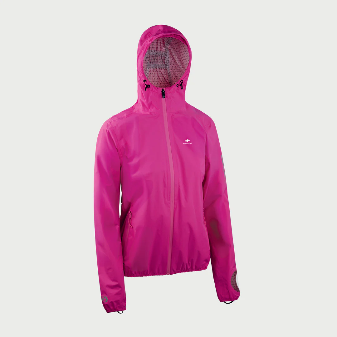 Casaco impermeável feminino fúcsia com capuz e fecho de correr frontal