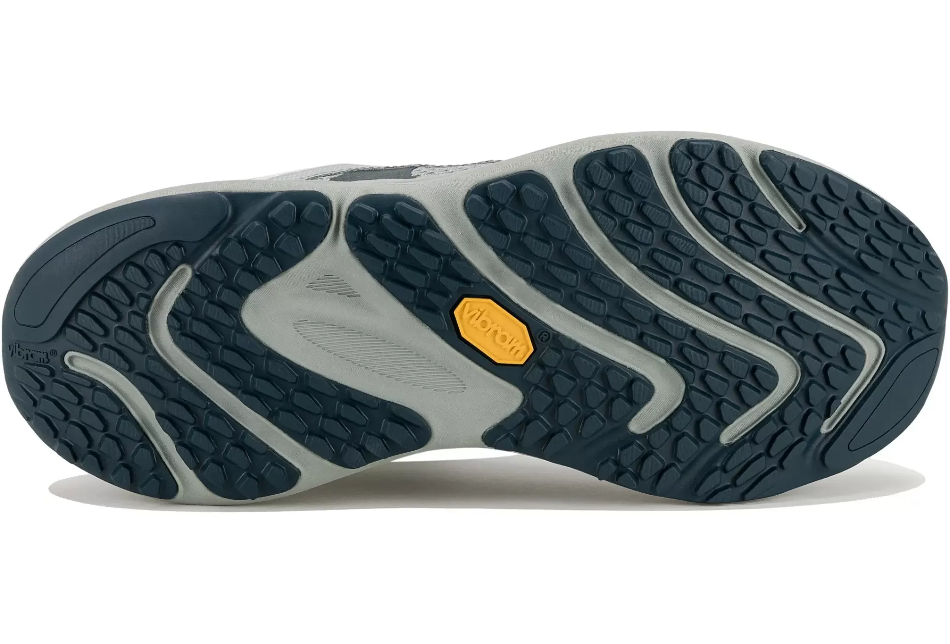 Sola de sapato desportivo preta e cinzenta com logotipo Vibram amarelo