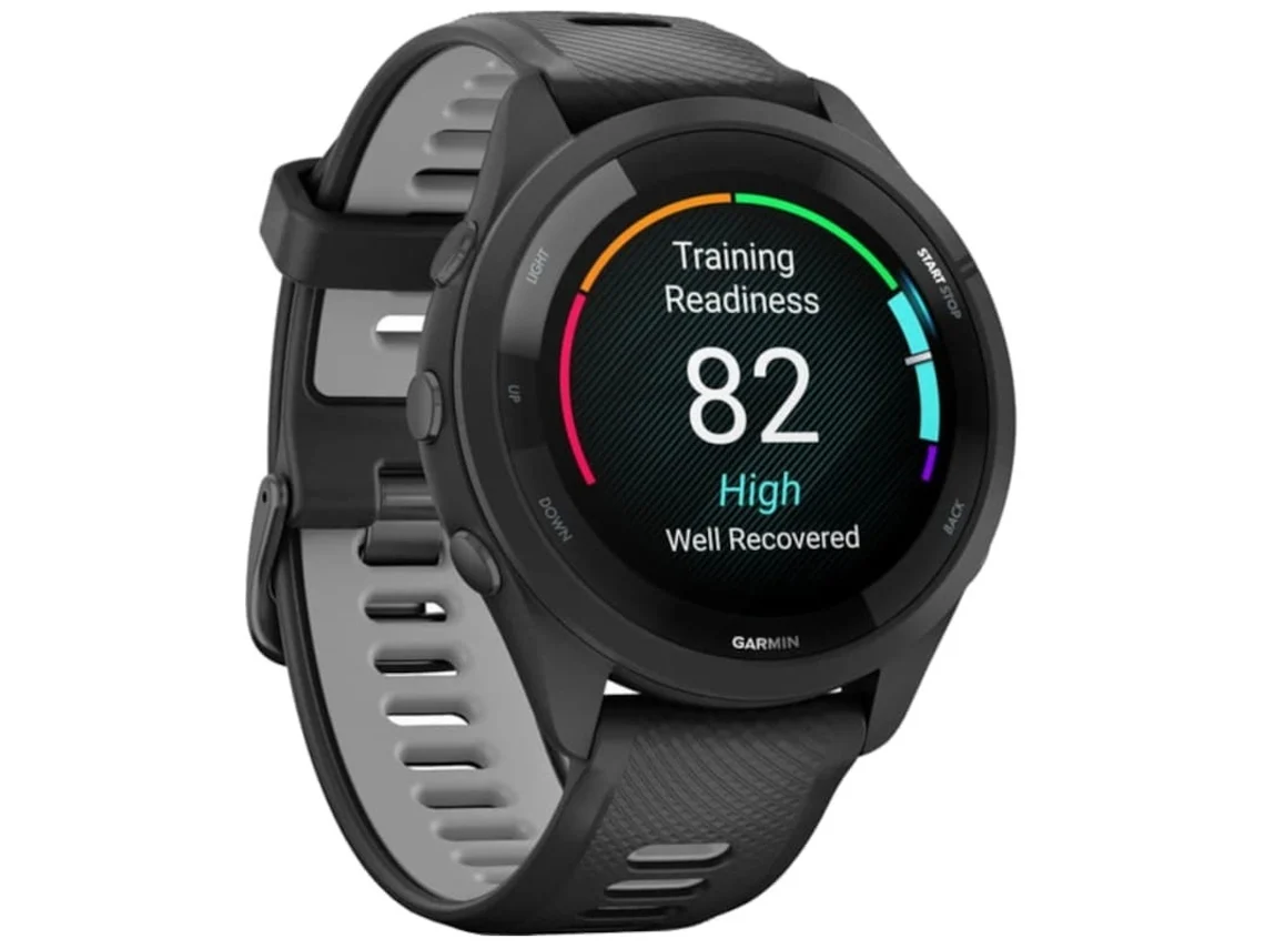 Relógio inteligente desportivo preto com ecrã digital colorido e pulseira preta e cinzenta