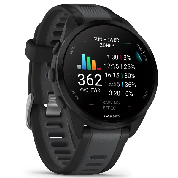 Relógio inteligente desportivo Garmin preto com mostrador digital colorido a mostrar dados de corrida.