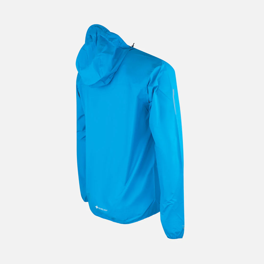 Casaco impermeável azul com capuz e logótipo RAIDLIGHT