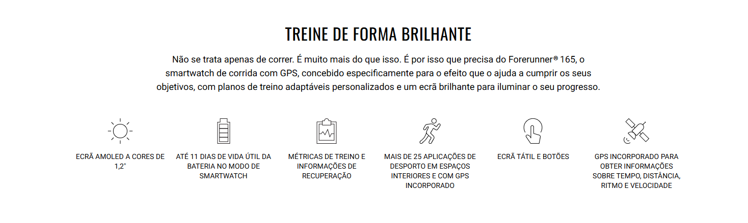 Texto sobre características do smartwatch Forerunner 165 em português
