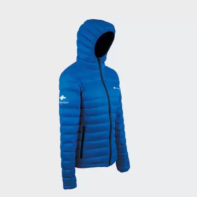 Casaco azul acolchoado com capuz e fecho de correr