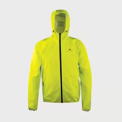 Casaco impermeável amarelo fluorescente com capuz e fecho