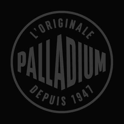Logotipo redondo da marca Palladium com texto em francês em fundo preto