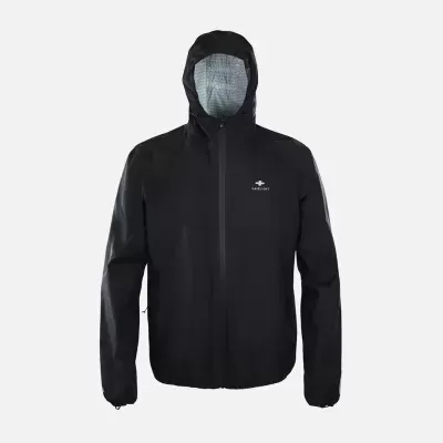 Casaco impermeável preto com capuz e logo RAIDLIGHT