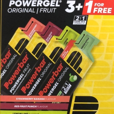 Embalagem de géis energéticos Powerbar Powergel vários sabores com promo 3+1