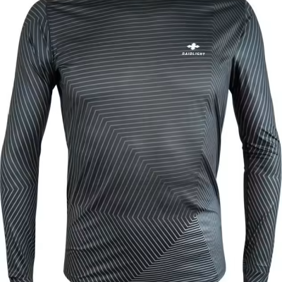 Camisola desportiva cinza de manga comprida com padrão geométrico e texto RAIDLIGHT