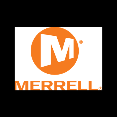 Logotipo da MERRELL com letra M branca dentro de círculo laranja e texto laranja