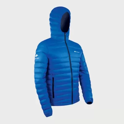 casaco acolchoado azul com capuz e fecho