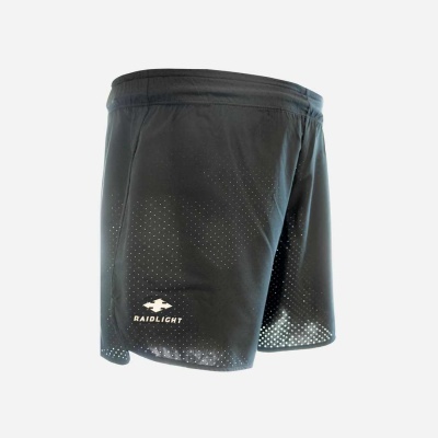 Calções desportivos pretos com padrão de círculos e logótipo RAIDLIGHT branco