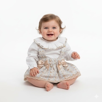 Bebé sorridente com vestido floral com laços e folho branco no colarinho