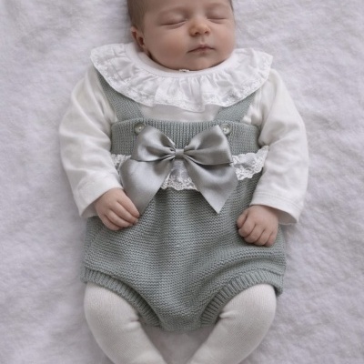 Bebé vestido com body branco e macacão cinza com laço, deitado sobre superfície branca fofa.