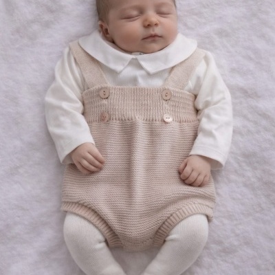 Bebé vestido com body branco e macacão rosa claro aconchegante de malha com botões.