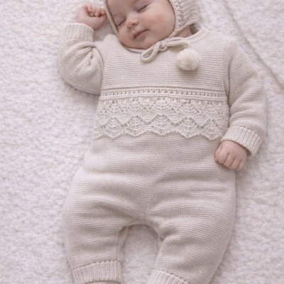 Bebé a dormir com macacão de malha creme com capuz e pompom, estendida sobre tapete creme