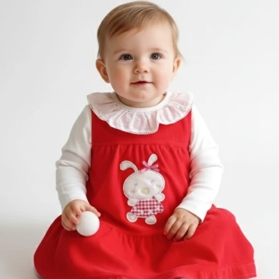 Bebé com vestido vermelho e bordado de coelho sentado segurando bola branca