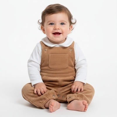 Bebé com jardineira castanha de veludo cotelê e camisa branca sentado