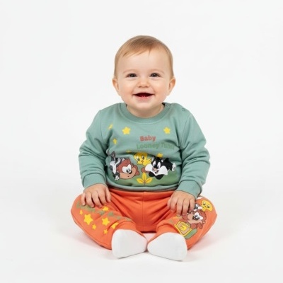 Bebé com roupa infantil Looney Tunes sentada em fundo branco.
