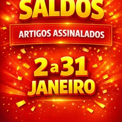 Cartaz de saldos com fundo vermelho e texto amarelo anunciando descontos de 2 a 31 Janeiro.